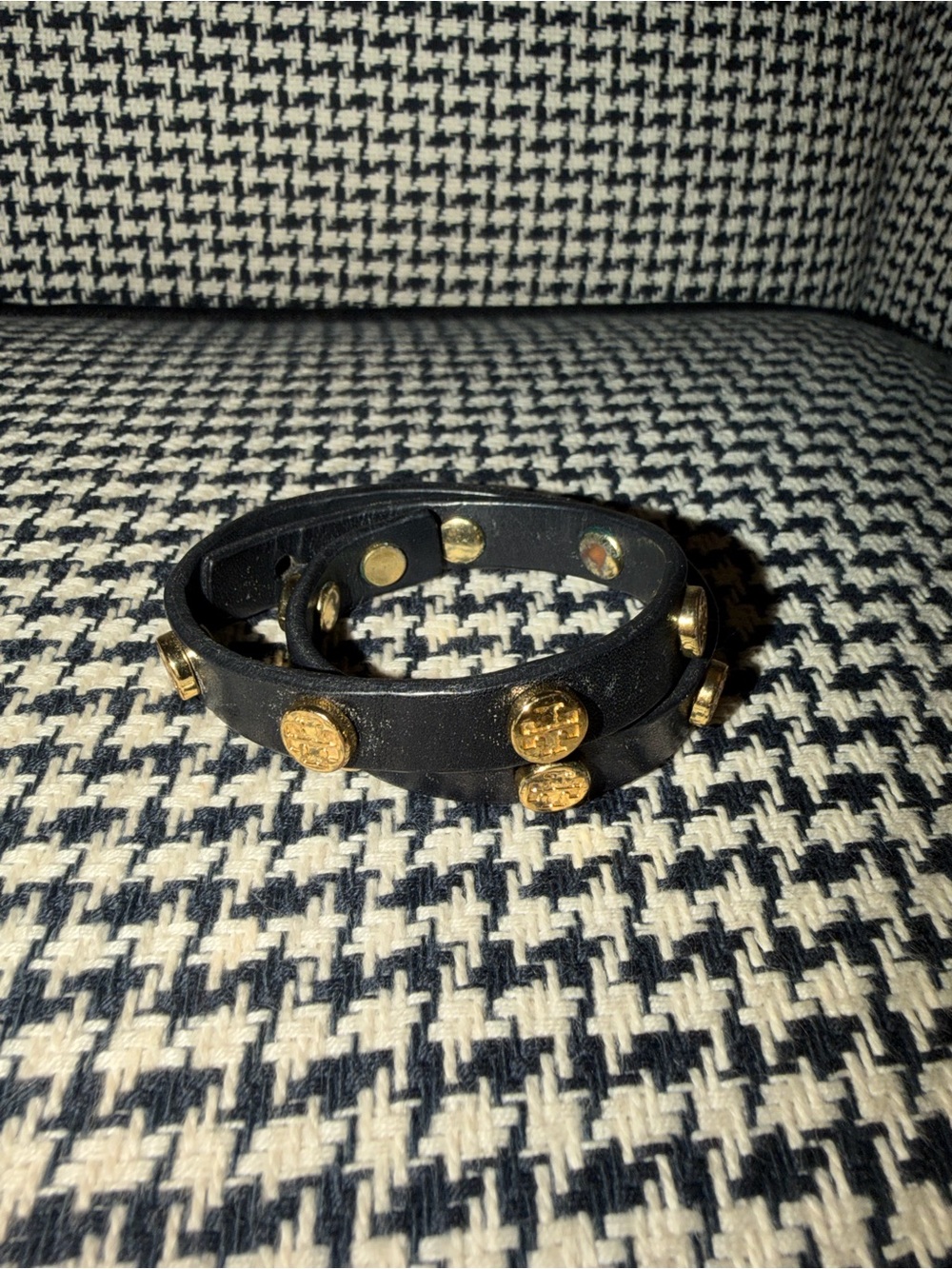 Tory Burch Black Leather Double Wrap Bracelet with Gold Medallion Studs